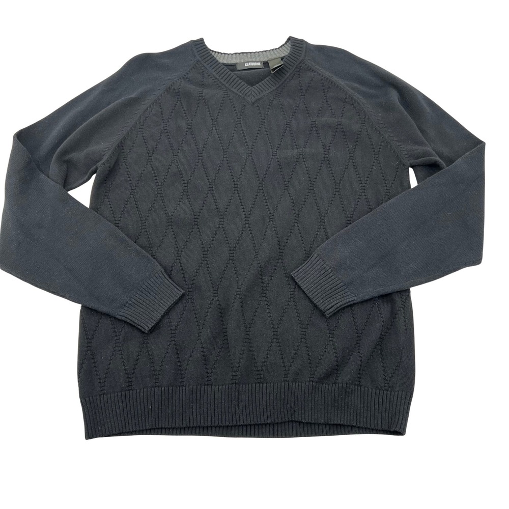 Claiborne‎ Mens V Neck Argyle Cabincore Sweater Black Medium Cotton Long Sleeve